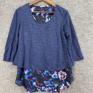Ava James Blouse Women S Small Blue Floral 3/4 Sleeve Crew Neck Rayon Casual